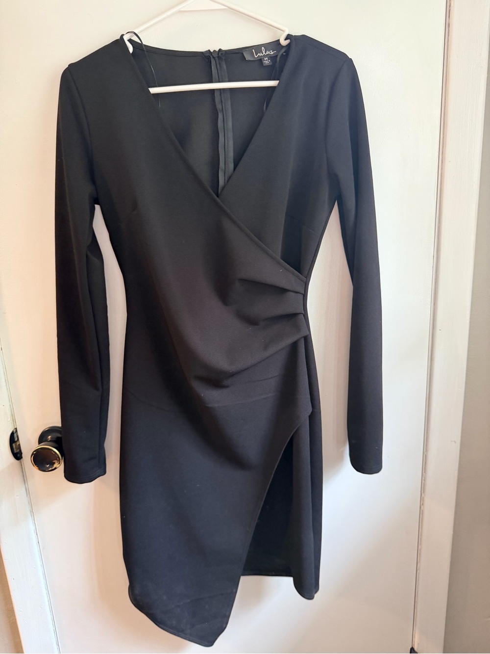 Lulu's Black Long-Sleeve Faux-Wrap Sheath Dress